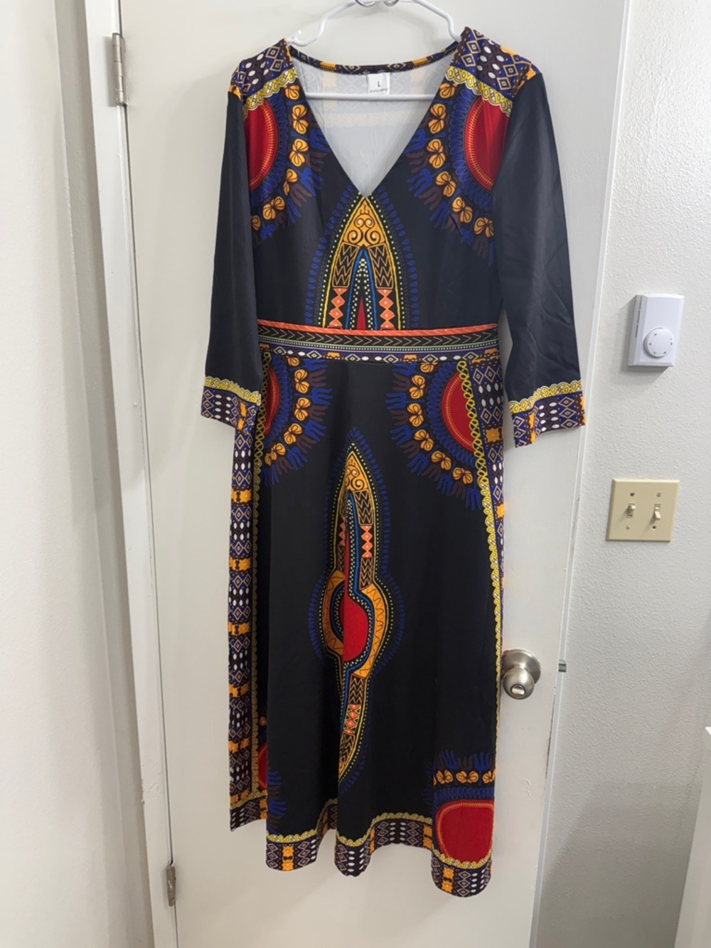 Black V-Neck Maxi Dress with Bold Multicolor Print - Picture 3 of 9